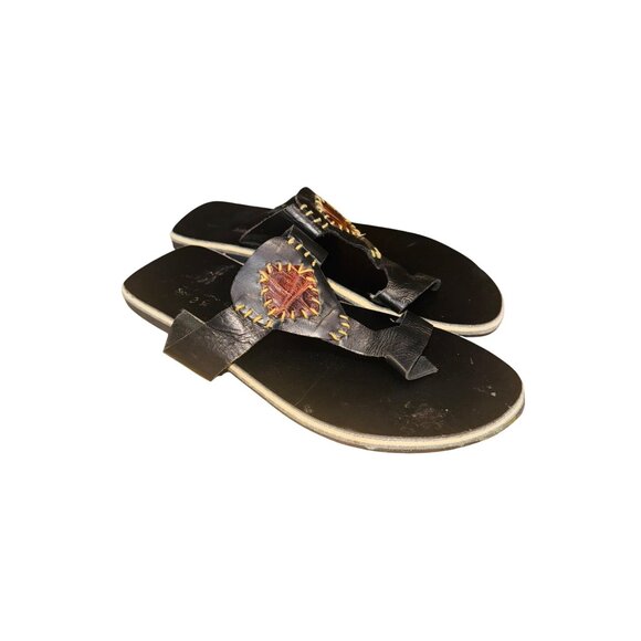 Handcrafted Leather Toe Ring Sandal Kwame B  8.5 Black Brown Sunburst Artsy Boho - Picture 2 of 11